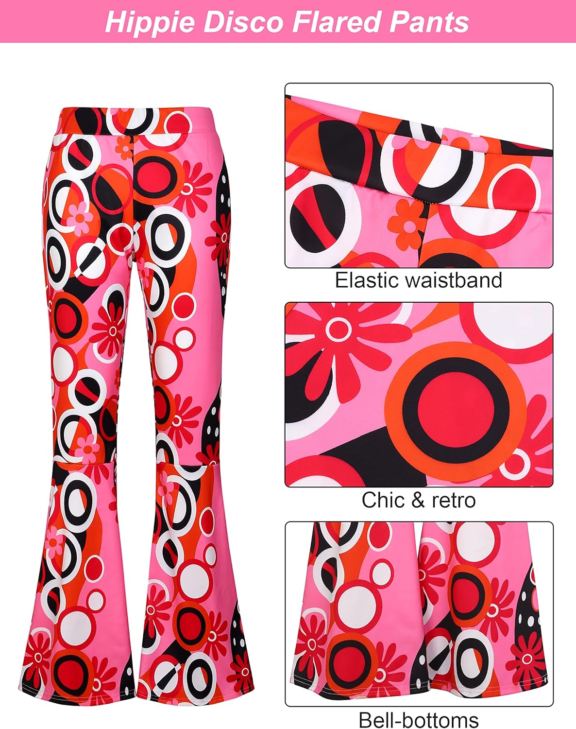 SOMSOC 7 Pack 70s Women Hippie Costume Set Boho Flared Pants Tie Dye Headband Necklace Earrings Wig for Halloween Cosplay