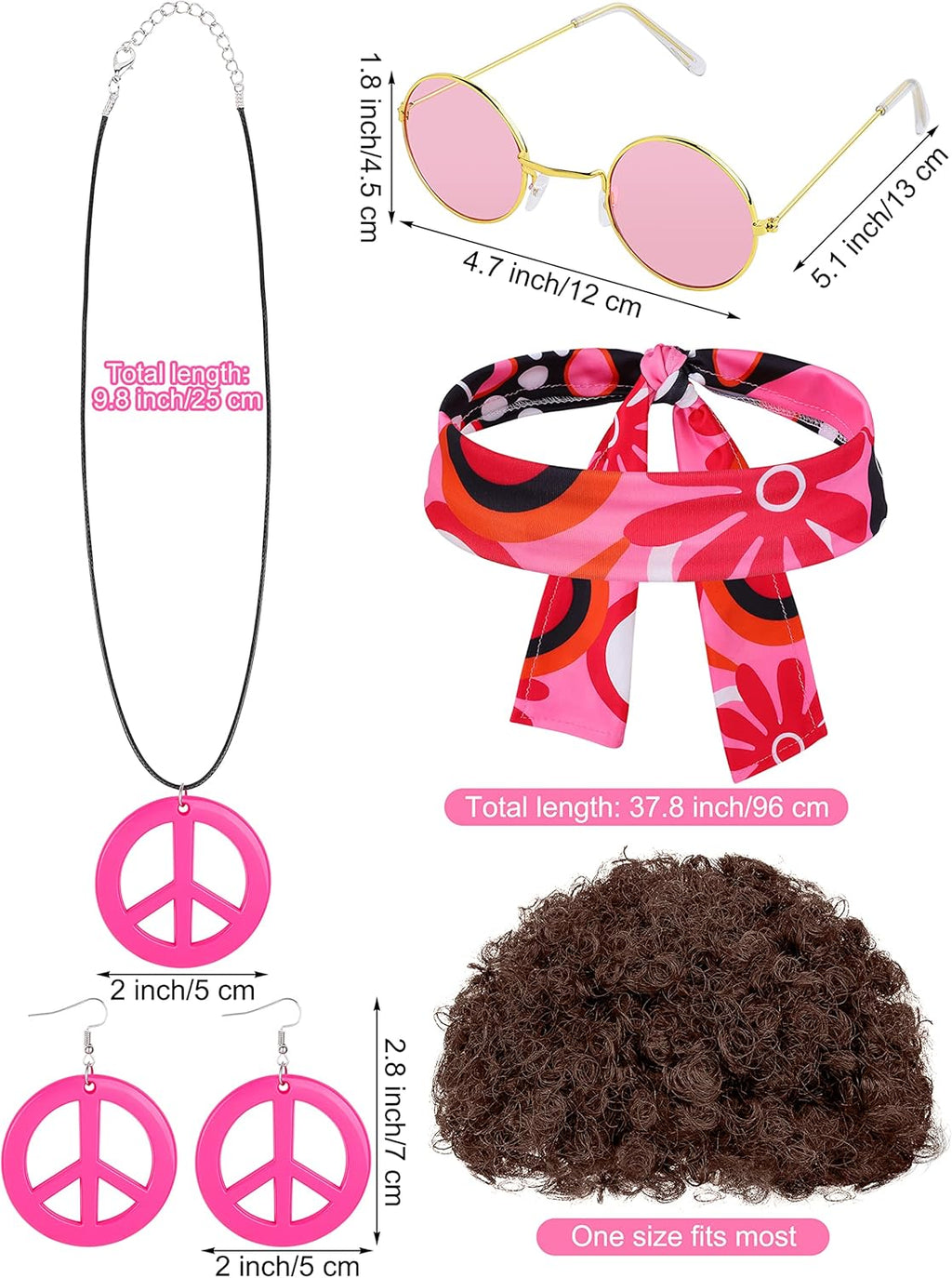 SOMSOC 7 Pack 70s Women Hippie Costume Set Boho Flared Pants Tie Dye Headband Necklace Earrings Wig for Halloween Cosplay