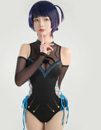 haikyuu Women Anime Derivative One Piece Swimsuit with Cover Up Criss Cross Lace-up Tummy Control Bathing Suit (as1, Alpha, m, Regular, Regular, Standard, Black)