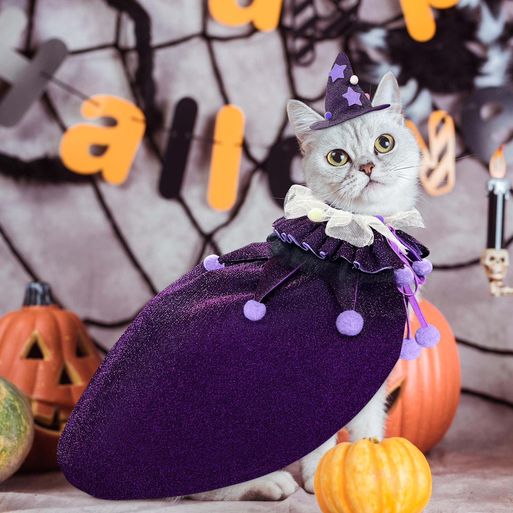 KOUPA Pet Halloween Costume with Hat, Dog Clothes Cosplay Wizard Cloak for Small Puppy Kitten Animal, Shiny Cat Outfit Suit for Party Holiday Christmas, Purple