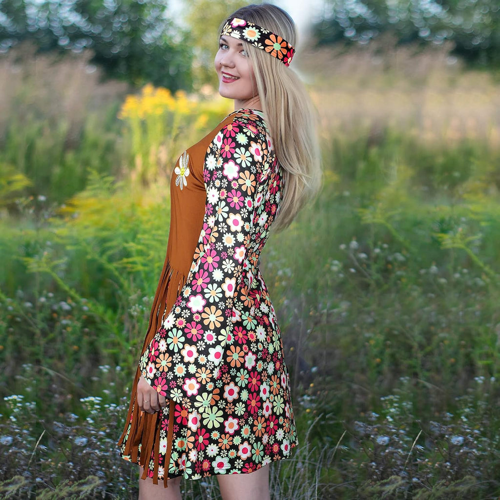 SATINIOR 70s 60s Hippie Costume Set 70s Outfits Accessories for Carnival Party Halloween Women Disco Dress