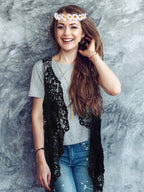 WILLBOND 4 Pcs Halloween 60s 70s Outfits for Women Hippie Costume 70s Costume Tops Accessories Women Fringe Hippie Vest(X-Large,Black)