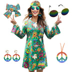70s Hippie Dress Costumes Necklace Earrings Sunglass Women Disco Outfit, 60s Party Costume, Halloween Retro Dresses