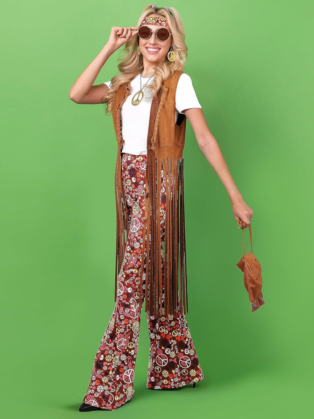 SOMSOC 7 Pieces 70s Women Hippie Costume Fringe Vest Bag Pant Headband for Halloween