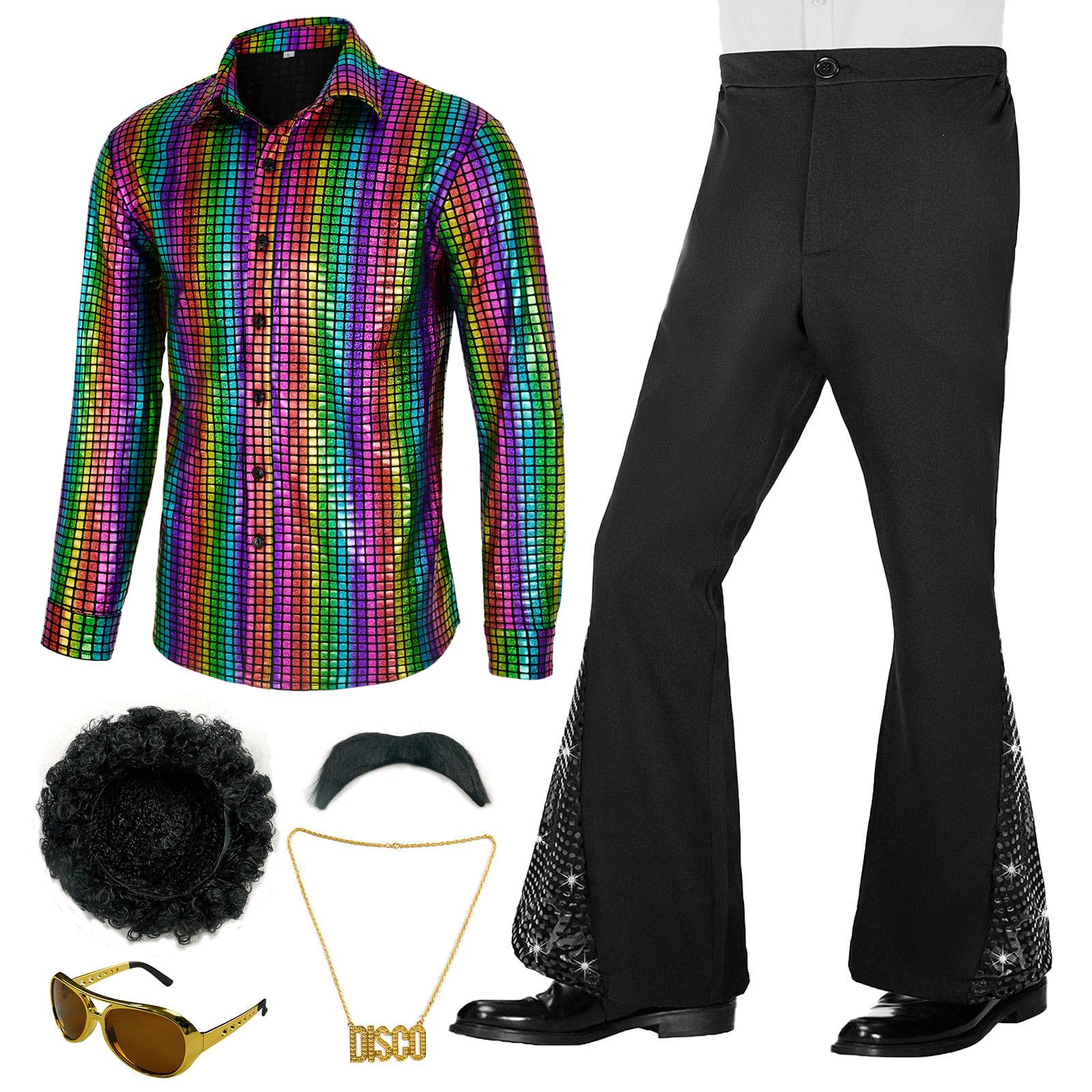 70s Outfits for Men 6 Pcs Disco Outfit Retro Costume with Bell Bottom Pants