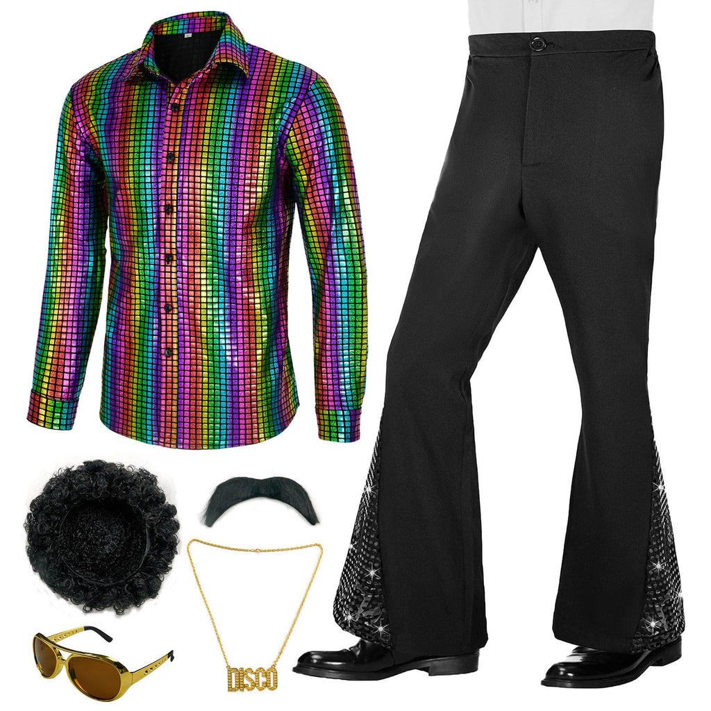 70s Outfits for Men 6 Pcs Disco Outfit Retro Costume with Bell Bottom Pants