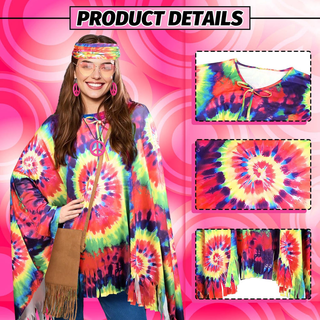 MOVINPE 70s Hippie Costume for Women Accessories Set, Tie Dye Poncho Fringe Bags Flower Crowns Headbands Sunglasses Peace Sign Necklace Earrings 60s Costume Halloween Retro Outfit