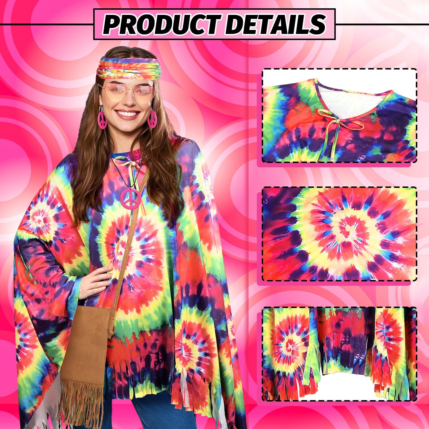 MOVINPE 70s Hippie Costume for Women Accessories Set, Tie Dye Poncho Fringe Bags Flower Crowns Headbands Sunglasses Peace Sign Necklace Earrings 60s Costume Halloween Retro Outfit