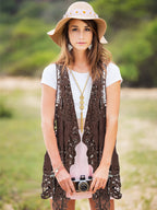 WILLBOND 4 Pcs Halloween 60s 70s Outfits for Women Hippie Costume 70s Costume Tops Accessories Women Fringe Hippie Vest(X-Large,Black)