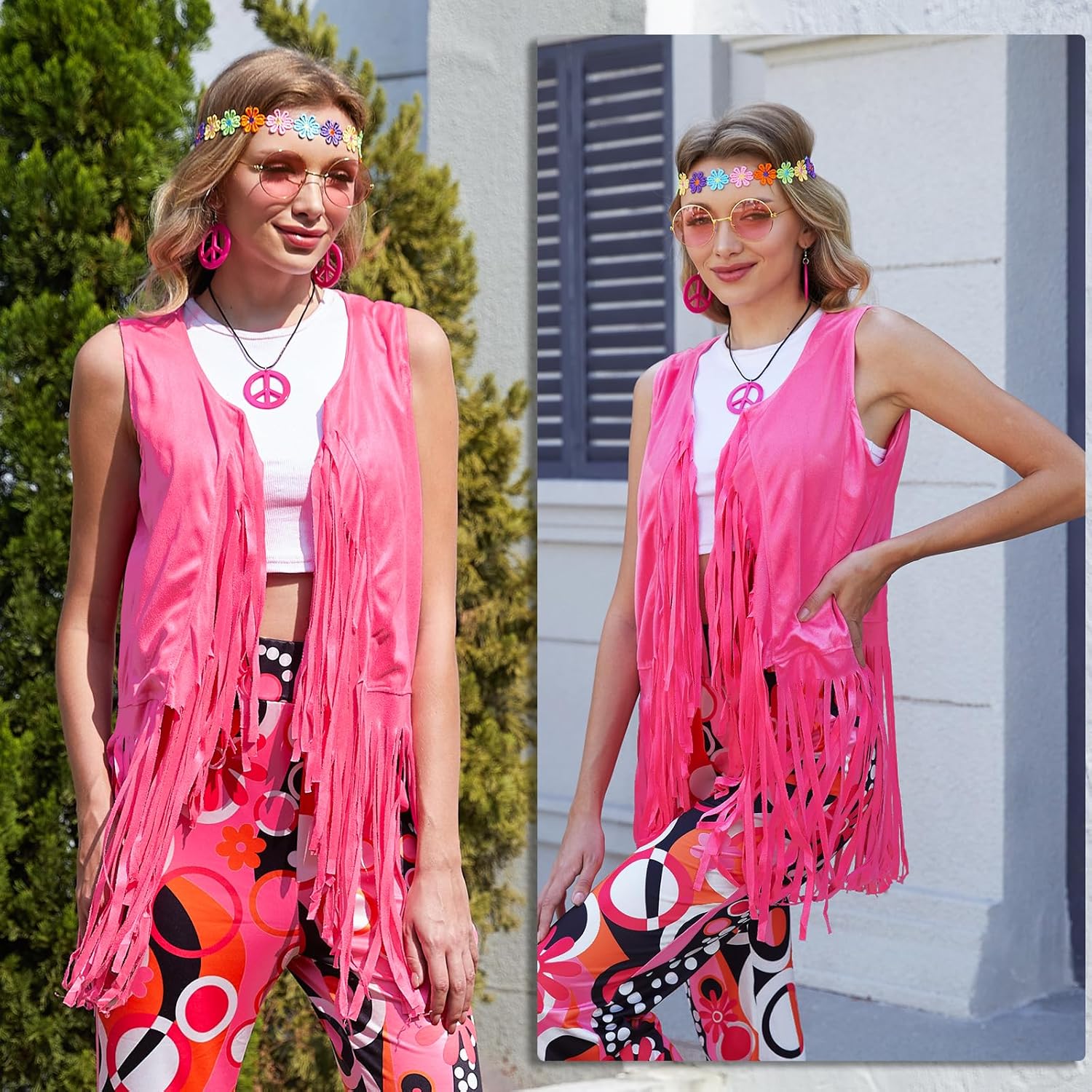 FunMular 60s 70s Outfits for Women Disco Hippie Costume Clothes Woman Peace Sign Earring Headband Fringe Vest Tassel Cardigan