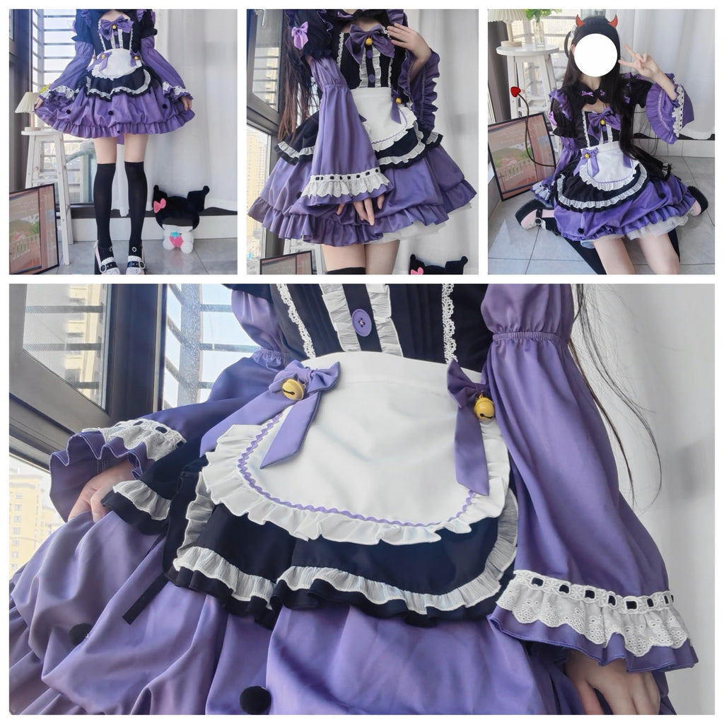 Cuteighteen Women Lolita Princess Dress Kawaii Bow Decor Apron Maid Outfit Fancy Anime Party Cosplay Costume (Black Purple, Medium)