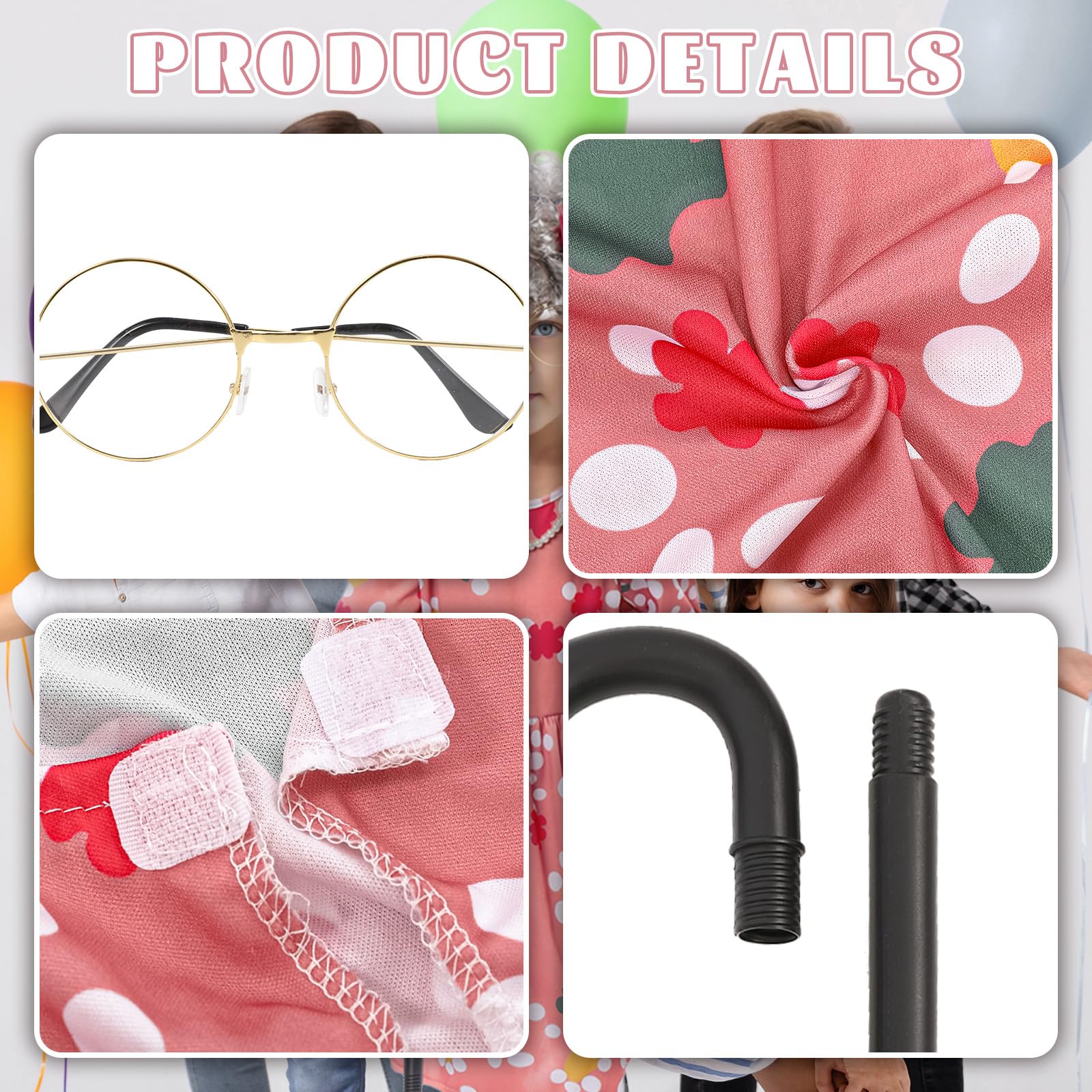 Kids Old Lady Costume for Girls Grandma Wigs Dress Glasses Necklace Granny Outfit 100 Days of School Cosplay Accessories (Medium)