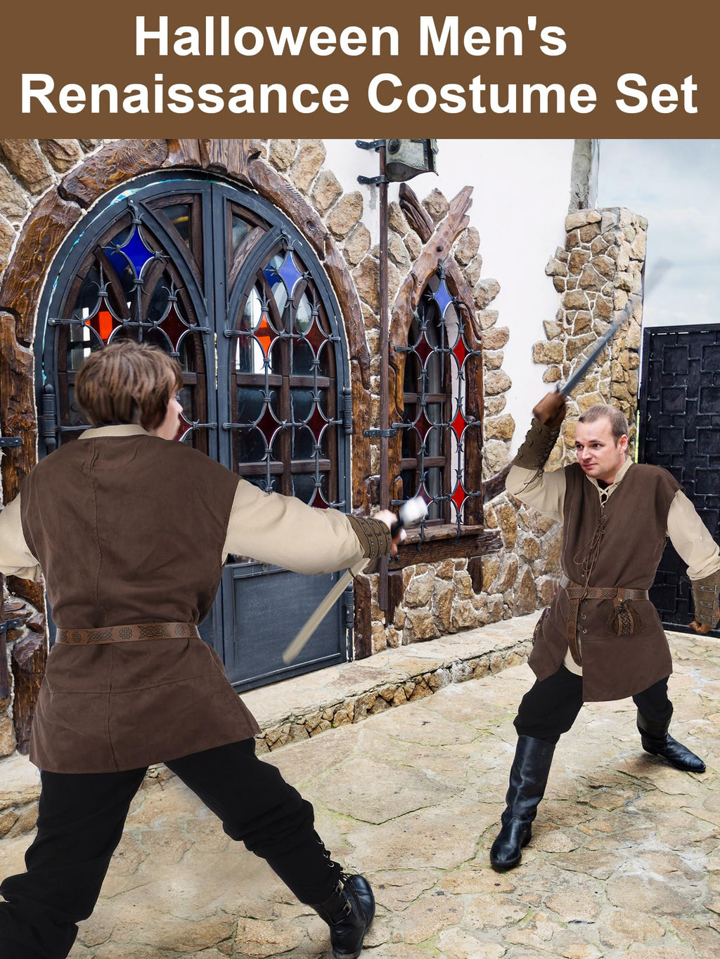 Suhine 6 Pcs Men's Halloween Renaissance Costume Set Medieval Vest Shirt Ankle Banded Pants Viking Belt Armband Pouch(Classic Color,X-Large)