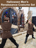 Suhine 6 Pcs Men's Halloween Renaissance Costume Set Medieval Vest Shirt Ankle Banded Pants Viking Belt Armband Pouch(Classic Color,X-Large)