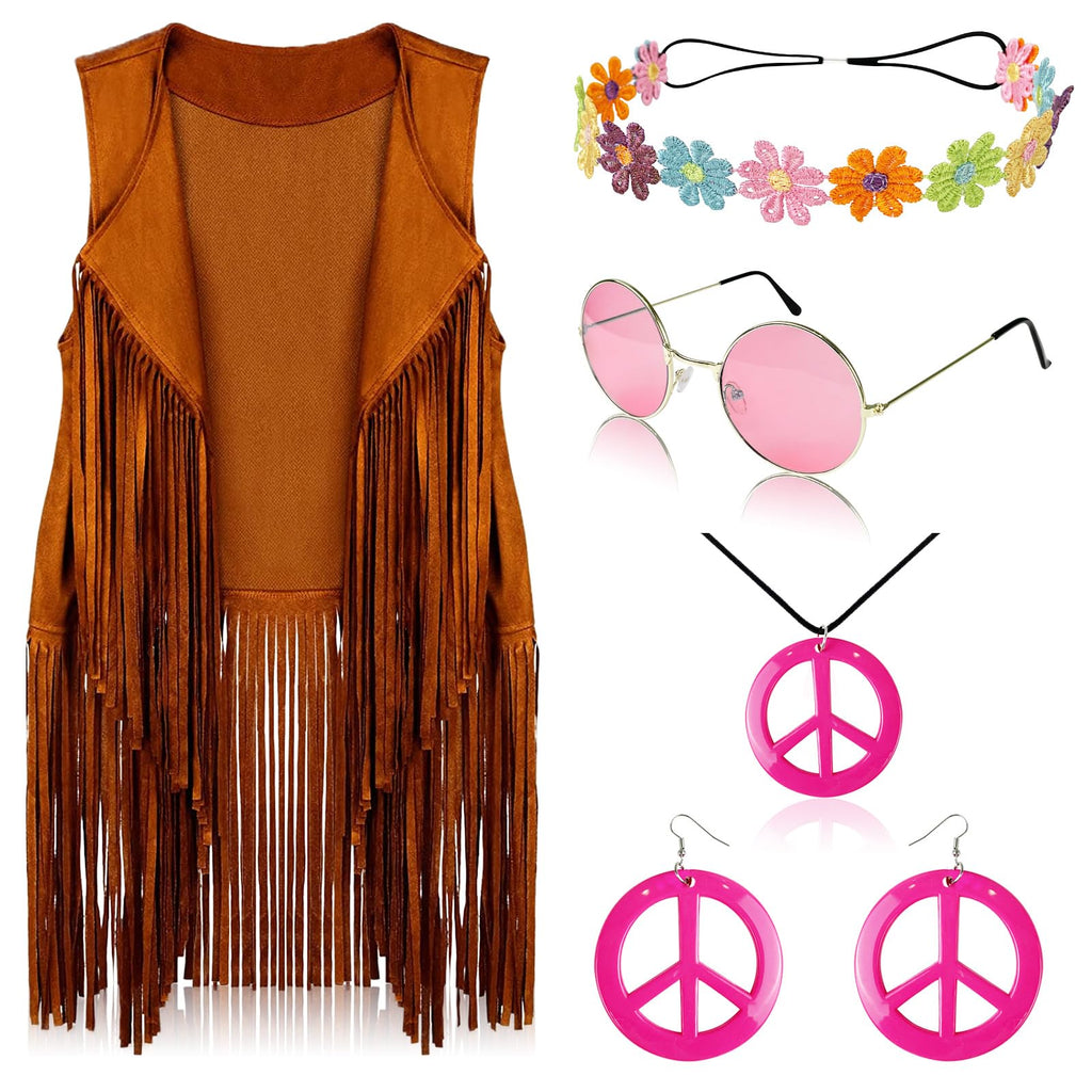 FunMular 60s 70s Outfits for Women Disco Hippie Costume Clothes Woman Peace Sign Earring Headband Fringe Vest Tassel Cardigan