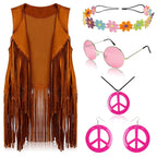 FunMular 60s 70s Outfits for Women Disco Hippie Costume Clothes Woman Peace Sign Earring Headband Fringe Vest Tassel Cardigan