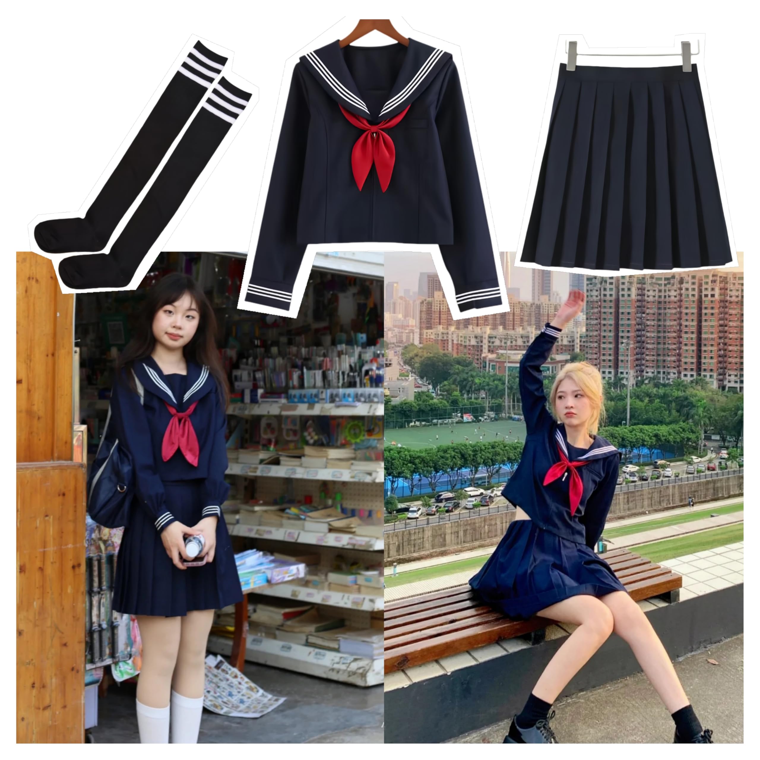 tsavnpk Japanese-style Sailor Uniform sailor suit Classic Japanese School Girls Sailor Dress Shirts Uniform Anime Cosplay Costumes with Socks set navy blue cosplay photography school uniform