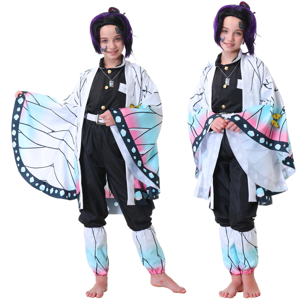Powzaty Anime Cosplay Costume Kimono Full Set Adult Girls Robe Cloak Costume Set Halloween Kimono Outfit Cosplay with Wig (Butterfly Set, Kids 140)