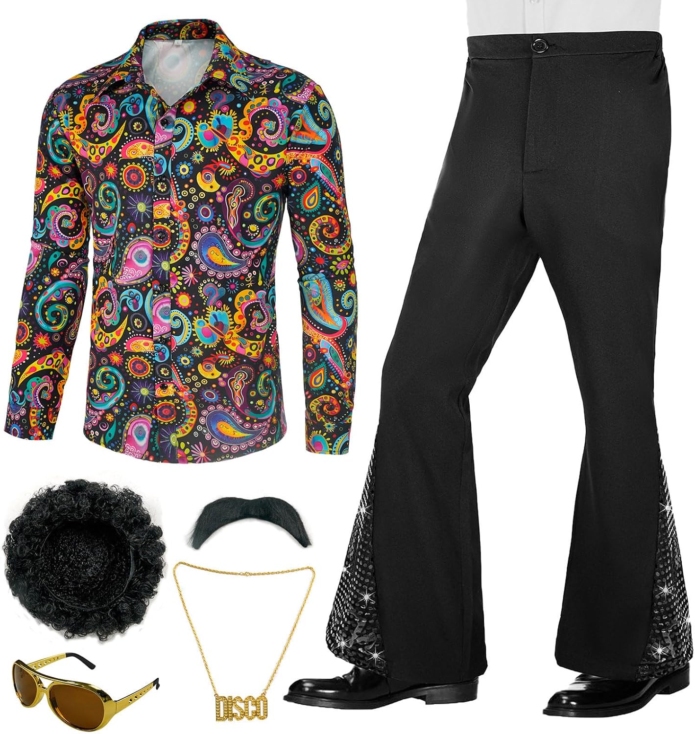 70s Outfits for Men 6 Pcs Disco Outfit Retro Costume with Bell Bottom Pants