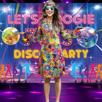 70s Hippie Dress Costumes Necklace Earrings Sunglass Women Disco Outfit, 60s Party Costume, Halloween Retro Dresses