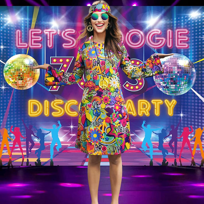 70s Hippie Dress Costumes Necklace Earrings Sunglass Women Disco Outfit, 60s Party Costume, Halloween Retro Dresses Main Image