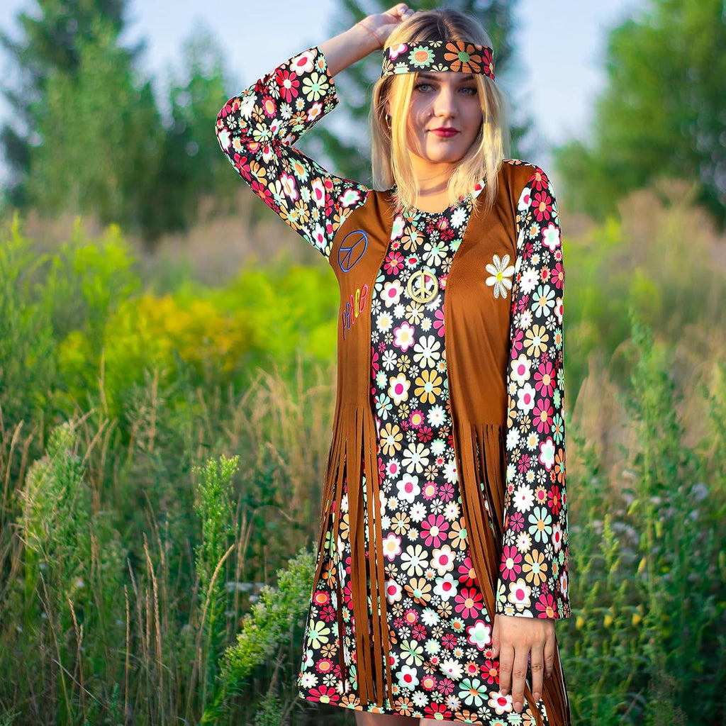 SATINIOR 70s 60s Hippie Costume Set 70s Outfits Accessories for Carnival Party Halloween Women Disco Dress