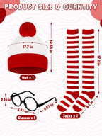 Halloween Costume Set, XXL Halloween Women Cosplay Red White Striped Shirt Beanie Cap Glasses Socks for Halloween Party