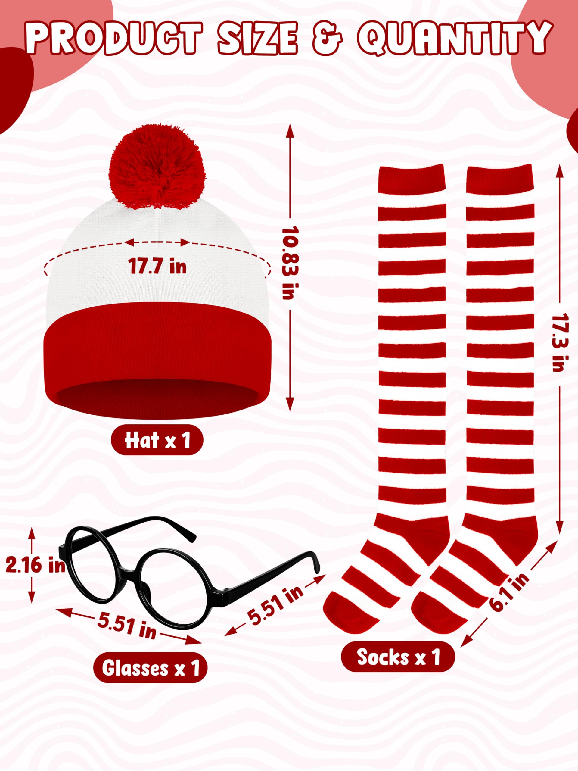 Halloween Costume Set, XXL Halloween Women Cosplay Red White Striped Shirt Beanie Cap Glasses Socks for Halloween Party
