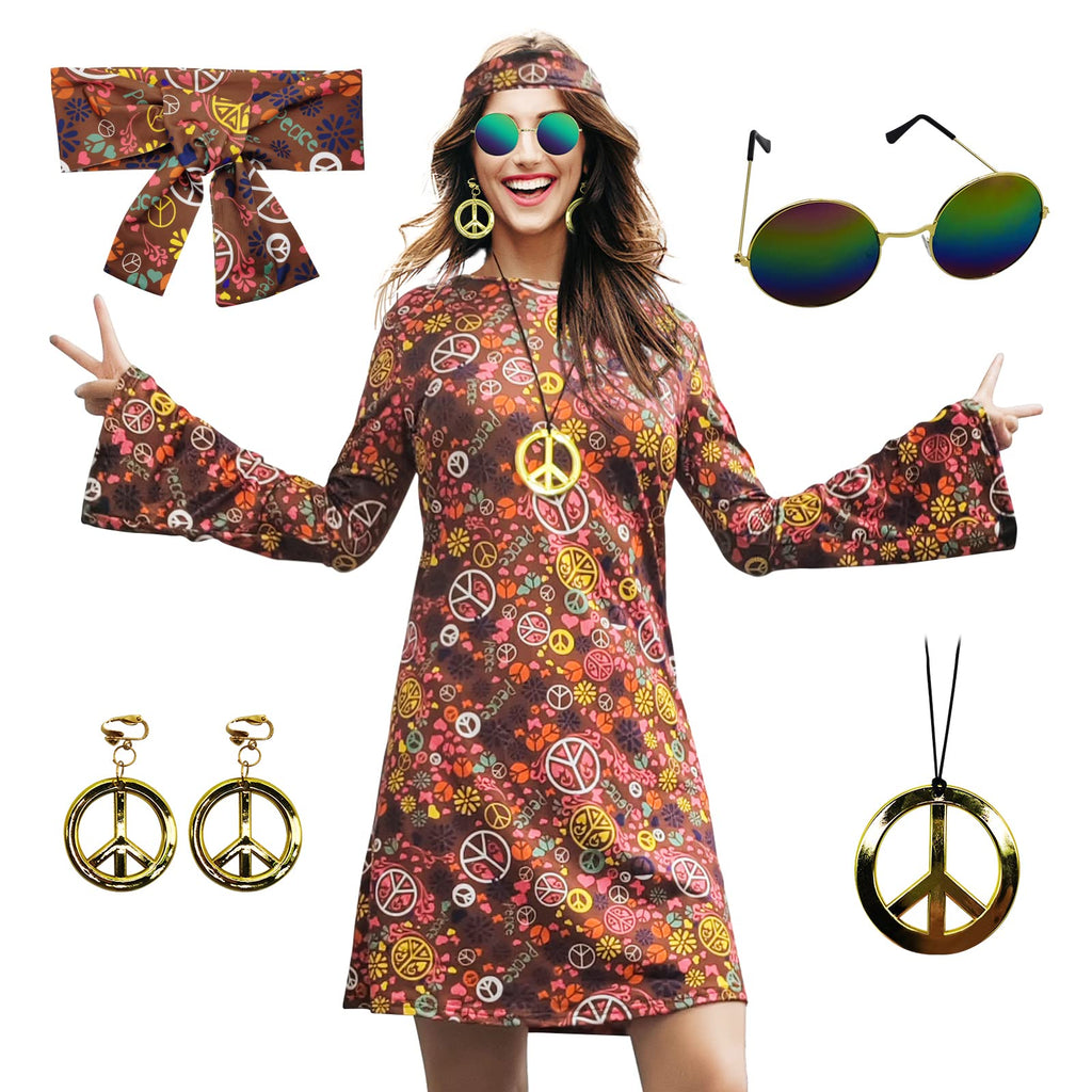 70s Hippie Dress Costumes Necklace Earrings Sunglass Women Disco Outfit, 60s Party Costume, Halloween Retro Dresses