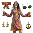 70s Hippie Dress Costumes Necklace Earrings Sunglass Women Disco Outfit, 60s Party Costume, Halloween Retro Dresses