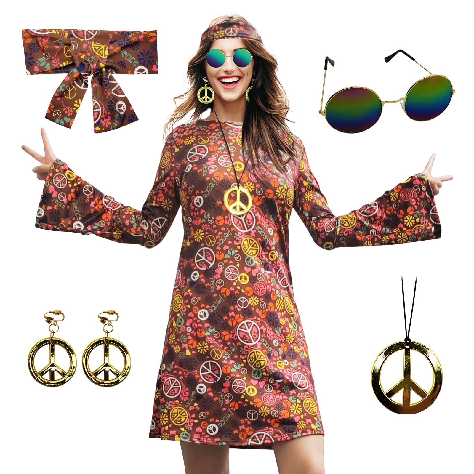 70s Hippie Dress Costumes Necklace Earrings Sunglass Women Disco Outfit, 60s Party Costume, Halloween Retro Dresses
