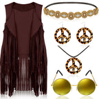 Frienda 6 Pcs 60s 70s Outfit for Women Hippie Halloween Costume Set Peace Sign Earring Headband Fringe Vest Tassel Cardigan