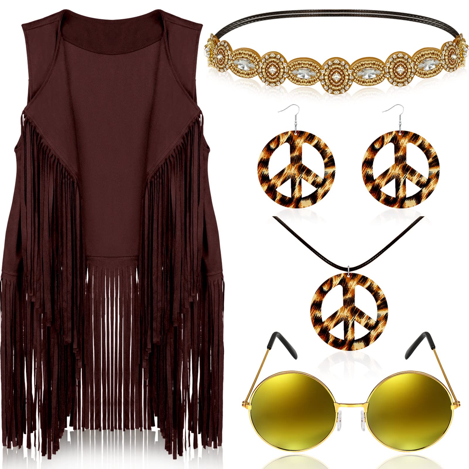Frienda 6 Pcs 60s 70s Outfit for Women Hippie Halloween Costume Set Peace Sign Earring Headband Fringe Vest Tassel Cardigan