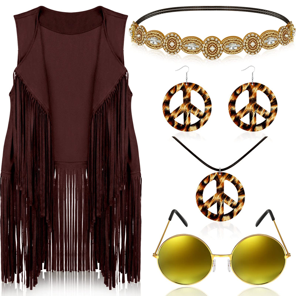 Frienda 6 Pcs 60s 70s Outfit for Women Hippie Halloween Costume Set Peace Sign Earring Headband Fringe Vest Tassel Cardigan