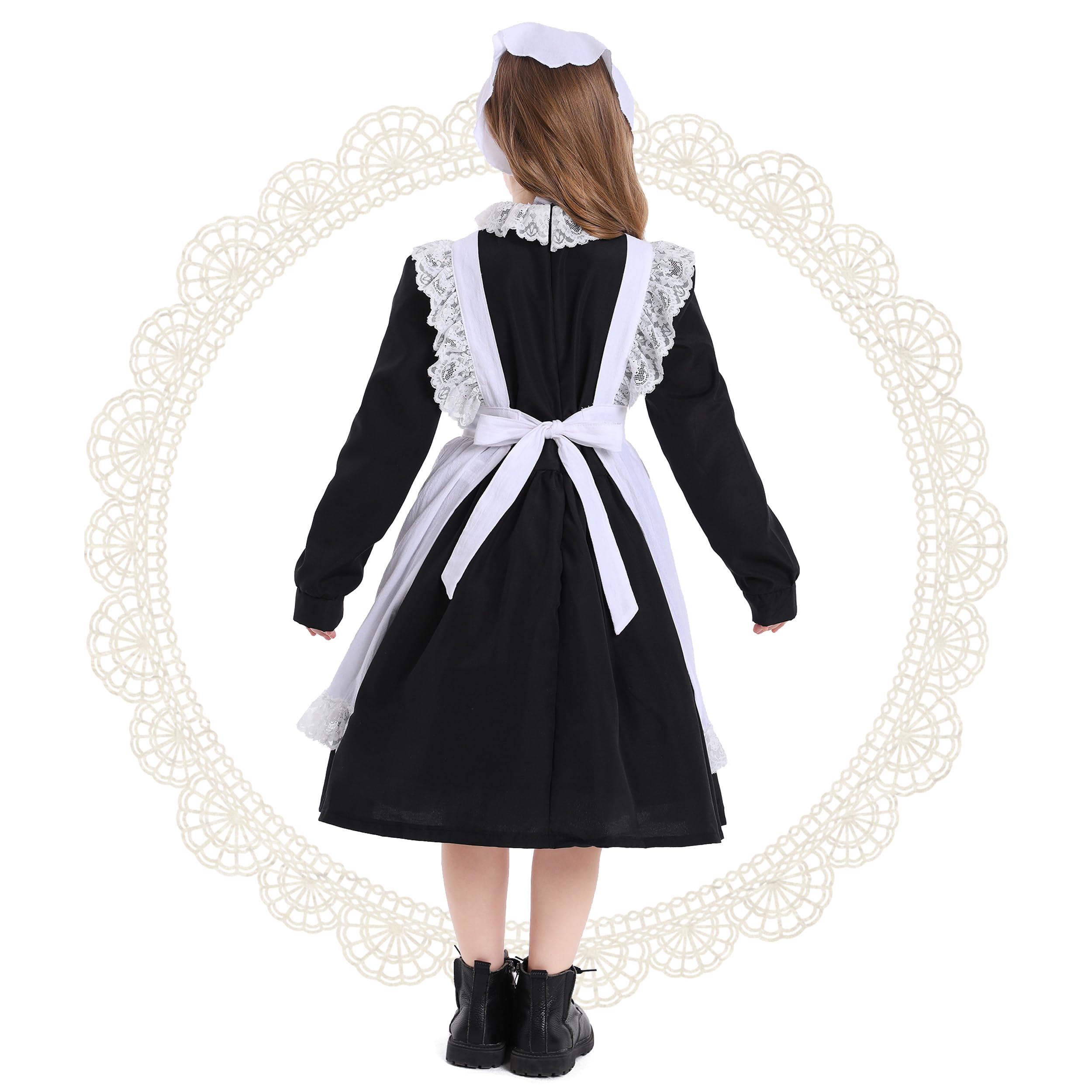 Kosgraiy Colonial Prairie Costume Dress for Girl,Kid Manor Maid Dress,Victorian Maid Costume,Girl Pilgrim Outfit,Black,S/120