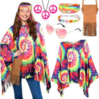 MOVINPE 70s Hippie Costume for Women Accessories Set, Tie Dye Poncho Fringe Bags Flower Crowns Headbands Sunglasses Peace Sign Necklace Earrings 60s Costume Halloween Retro Outfit