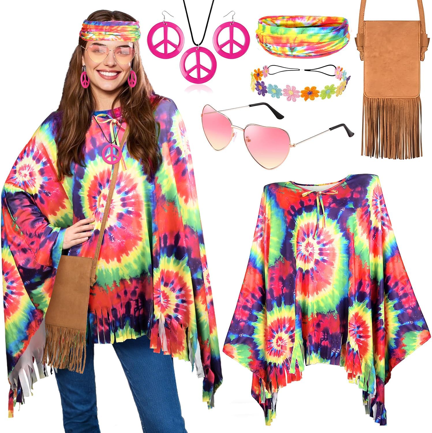 MOVINPE 70s Hippie Costume for Women Accessories Set, Tie Dye Poncho Fringe Bags Flower Crowns Headbands Sunglasses Peace Sign Necklace Earrings 60s Costume Halloween Retro Outfit