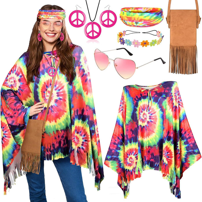 MOVINPE 70s Hippie Costume for Women Accessories Set, Tie Dye Poncho Fringe Bags Flower Crowns Headbands Sunglasses Peace Sign Necklace Earrings 60s Costume Halloween Retro Outfit Hover Image