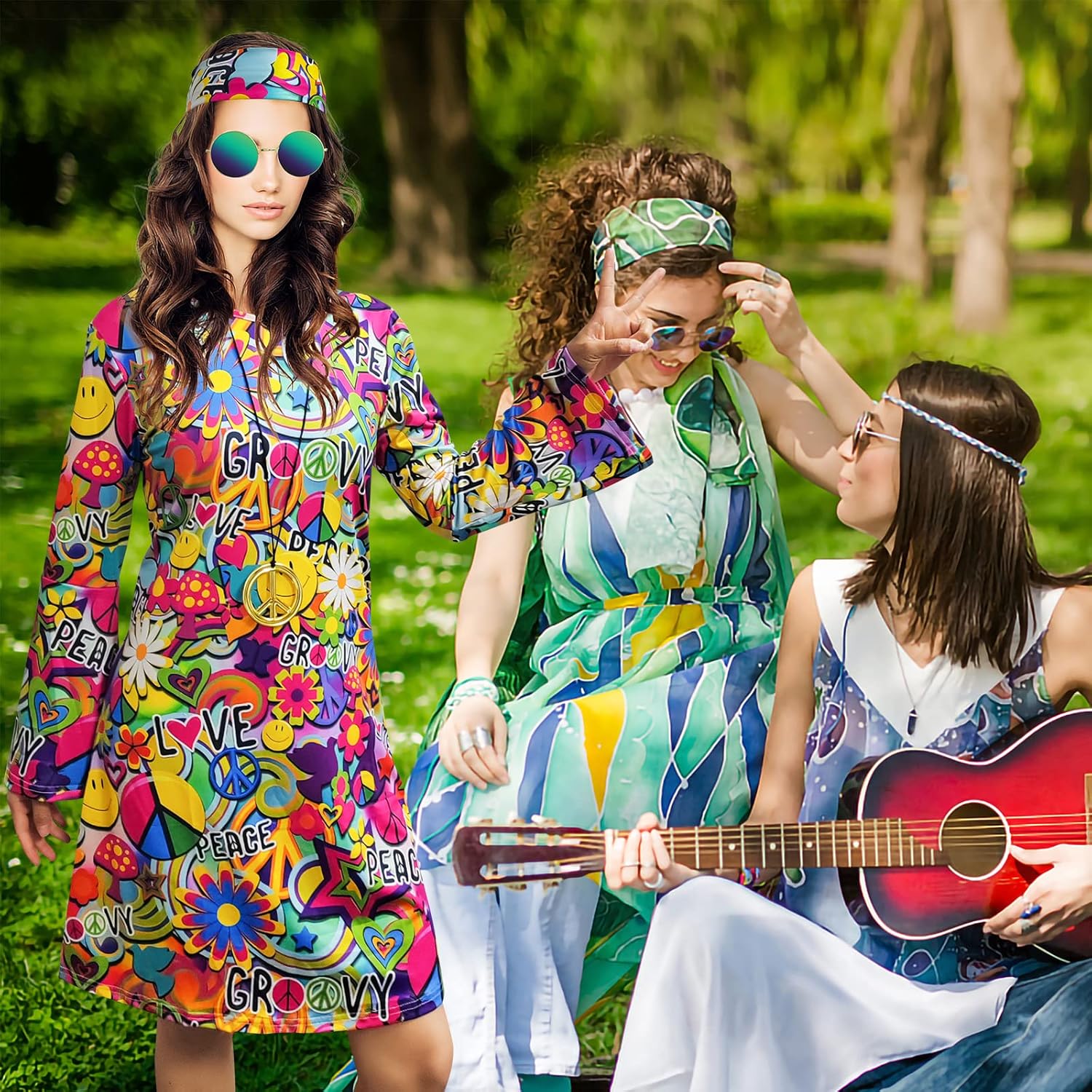 70s Hippie Dress Costumes Necklace Earrings Sunglass Women Disco Outfit, 60s Party Costume, Halloween Retro Dresses