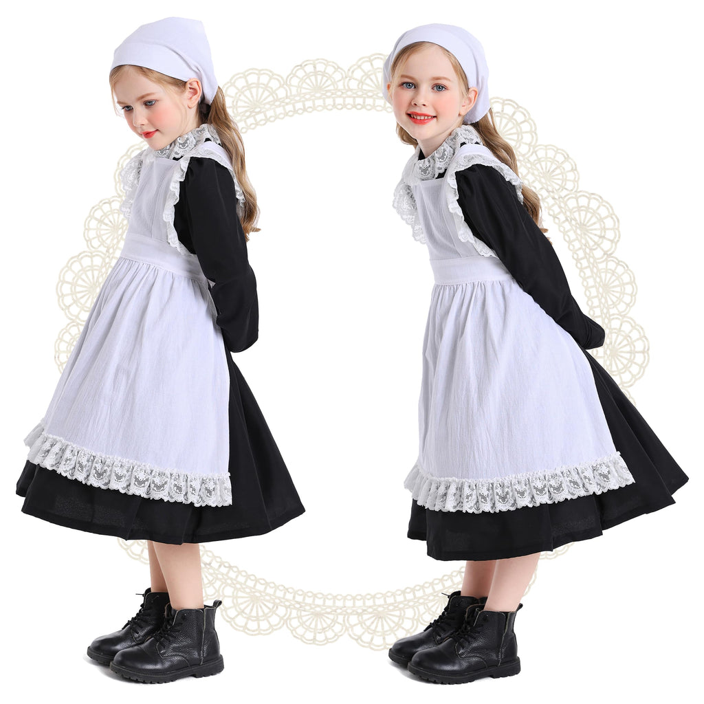 Kosgraiy Colonial Prairie Costume Dress for Girl,Kid Manor Maid Dress,Victorian Maid Costume,Girl Pilgrim Outfit,Black,S/120