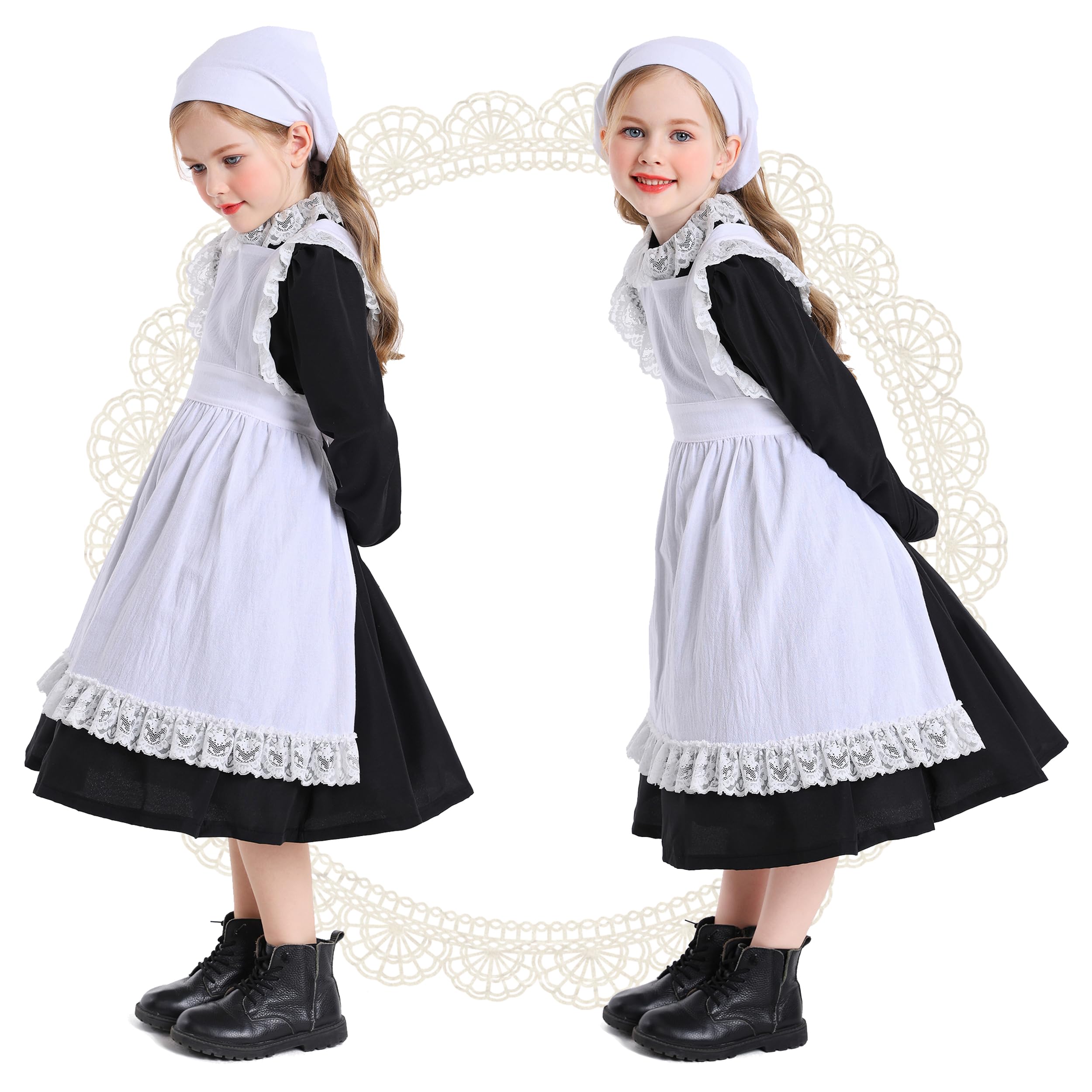 Kosgraiy Colonial Prairie Costume Dress for Girl,Kid Manor Maid Dress,Victorian Maid Costume,Girl Pilgrim Outfit,Black,S/120