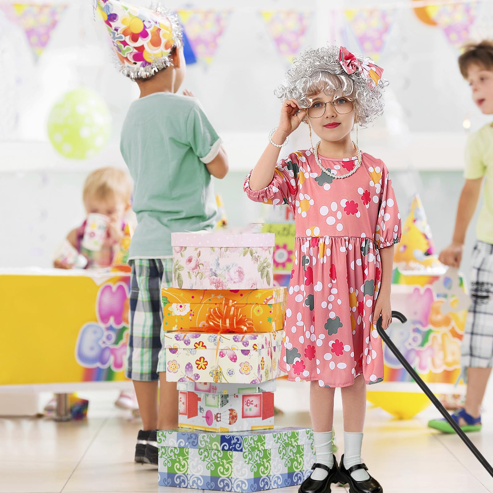 Kids Old Lady Costume for Girls Grandma Wigs Dress Glasses Necklace Granny Outfit 100 Days of School Cosplay Accessories (Medium)