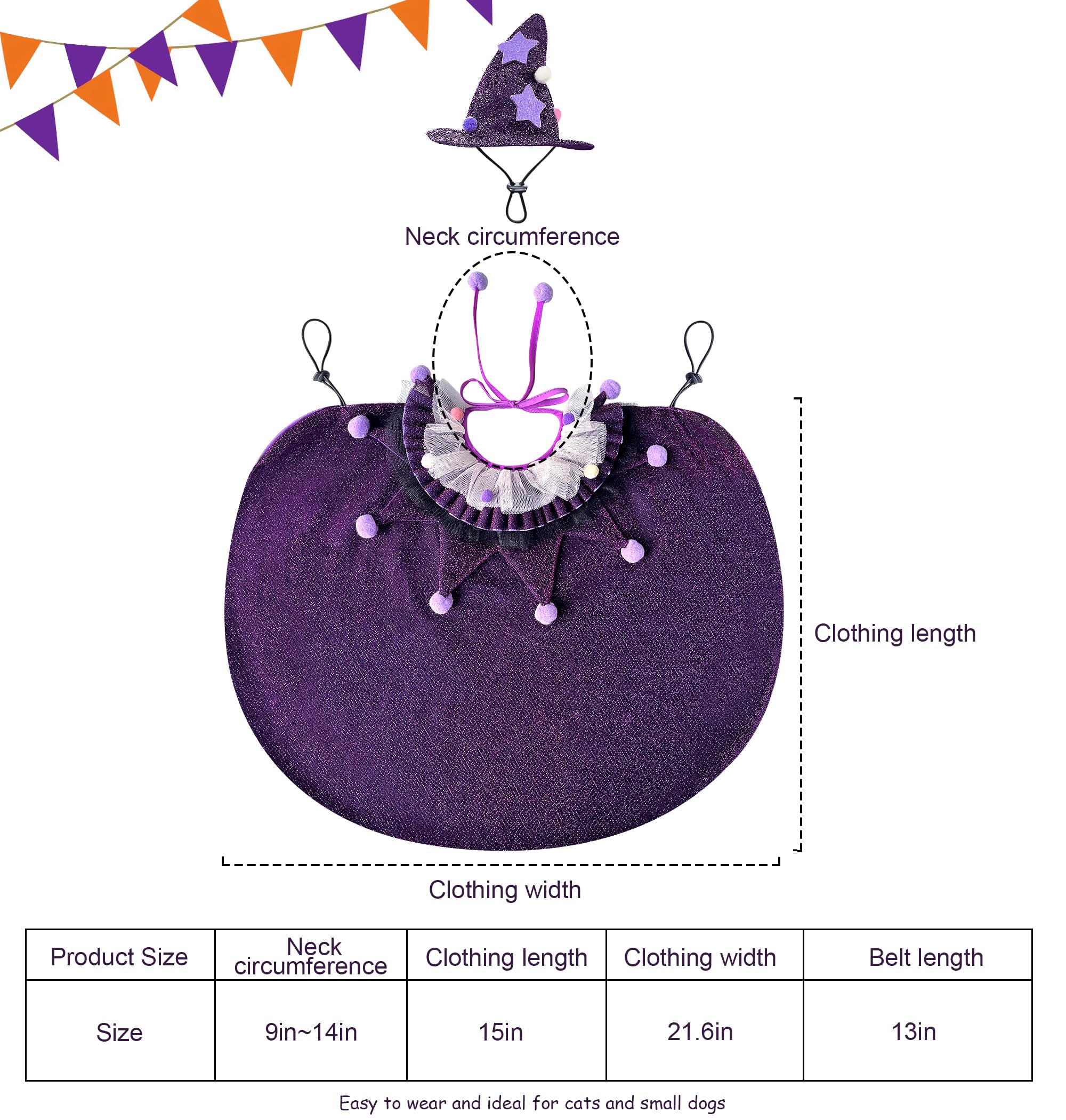 KOUPA Pet Halloween Costume with Hat, Dog Clothes Cosplay Wizard Cloak for Small Puppy Kitten Animal, Shiny Cat Outfit Suit for Party Holiday Christmas, Purple