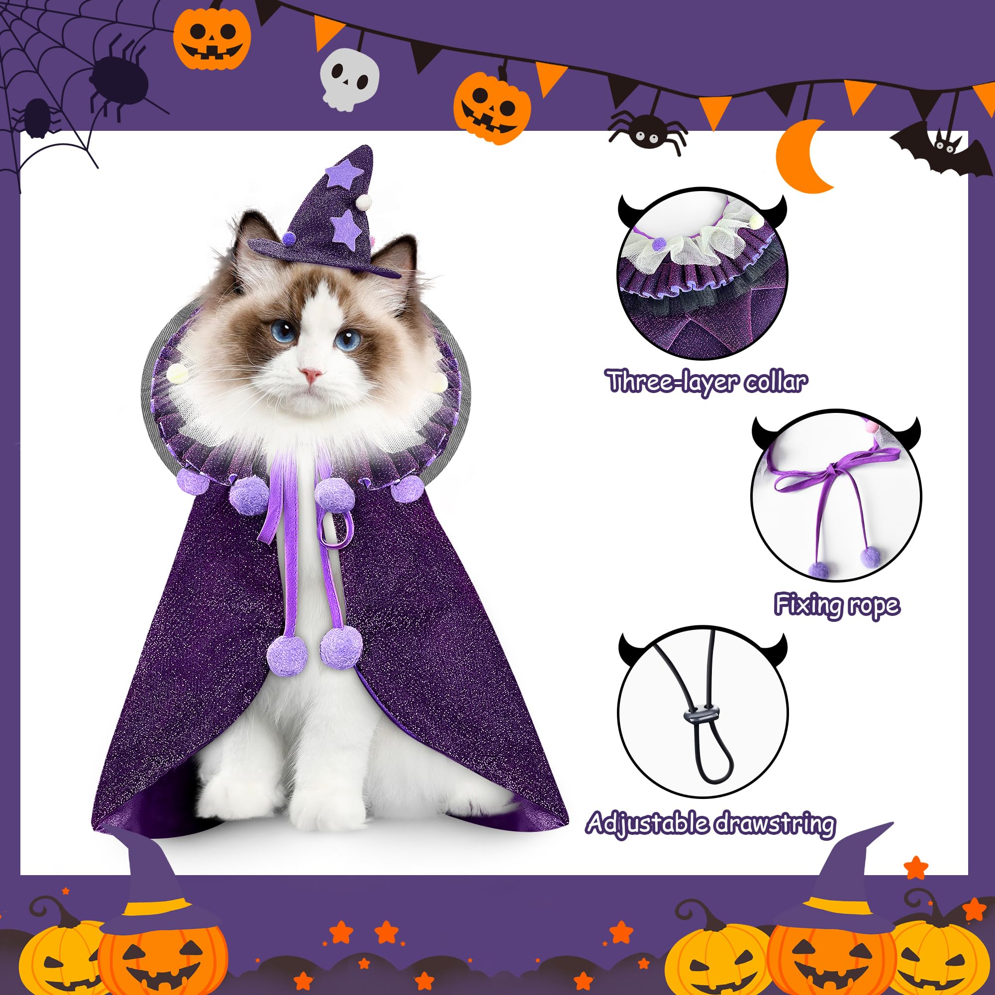 KOUPA Pet Halloween Costume with Hat, Dog Clothes Cosplay Wizard Cloak for Small Puppy Kitten Animal, Shiny Cat Outfit Suit for Party Holiday Christmas, Purple