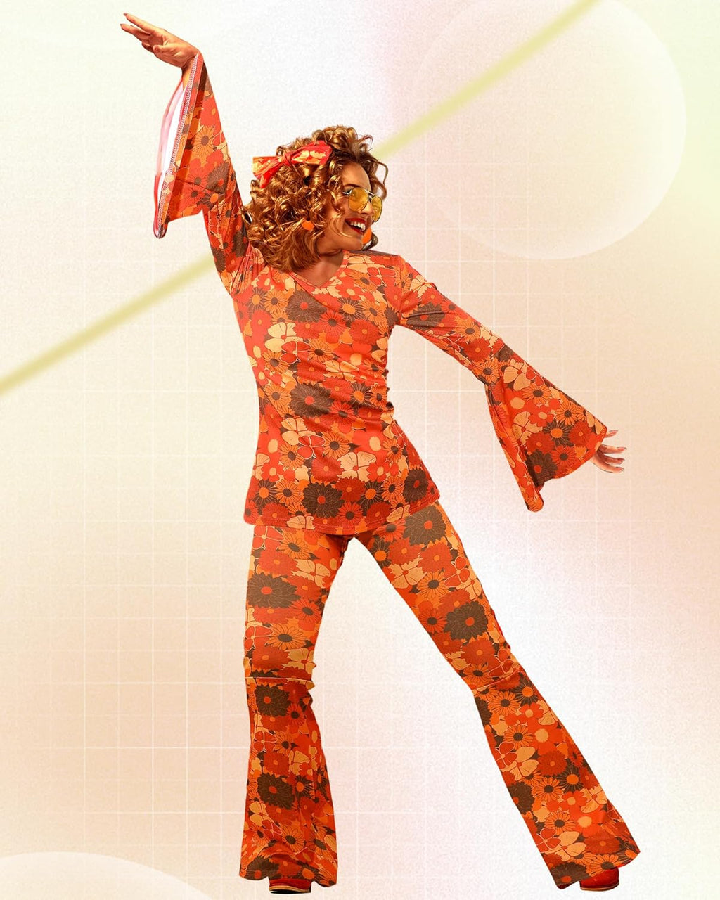 Leumoi 6 Pcs 60s 70s Disco Outfit Women Hippie Costume Accessories Flared Pants Headband Earrings Sunglass