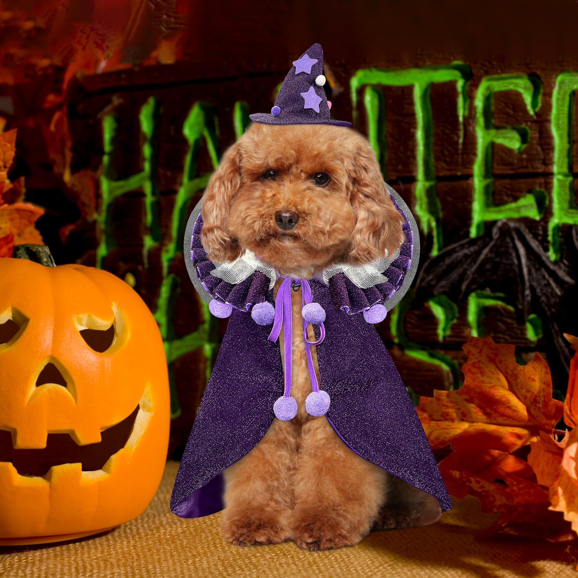 KOUPA Pet Halloween Costume with Hat, Dog Clothes Cosplay Wizard Cloak for Small Puppy Kitten Animal, Shiny Cat Outfit Suit for Party Holiday Christmas, Purple