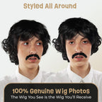 ALLAURA Compatible with Sonny Bono Wig – 60s 70s Men’s Short Brown Wig + Mustache for Hippie, Singer, TV Star, Cop, Detective Costumes – Liberty Duo, Limu & Doug, Uncle Rico, Retro Halloween Outfit
