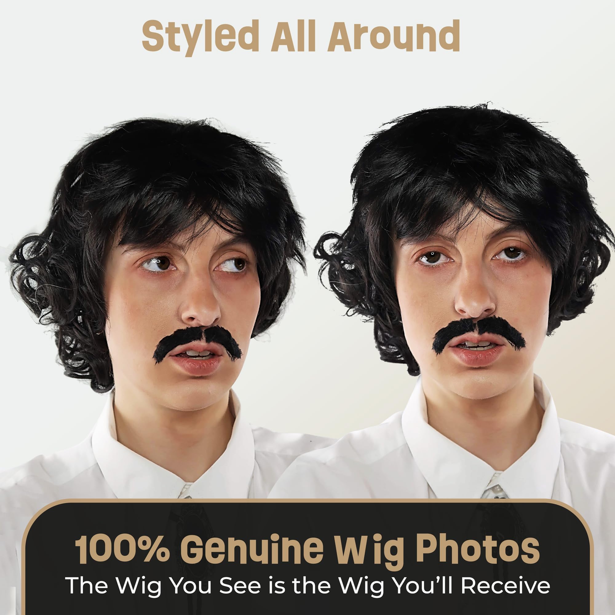 ALLAURA Compatible with Sonny Bono Wig – 60s 70s Men’s Short Brown Wig + Mustache for Hippie, Singer, TV Star, Cop, Detective Costumes – Liberty Duo, Limu & Doug, Uncle Rico, Retro Halloween Outfit