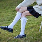 AMHRLINGTO Women's Lace Ruffle Frilly Ankle Socks - Girl Cotton Knee High Socks with Bow Lace Ruffle Trim (Cotton, White-1 Pairs)