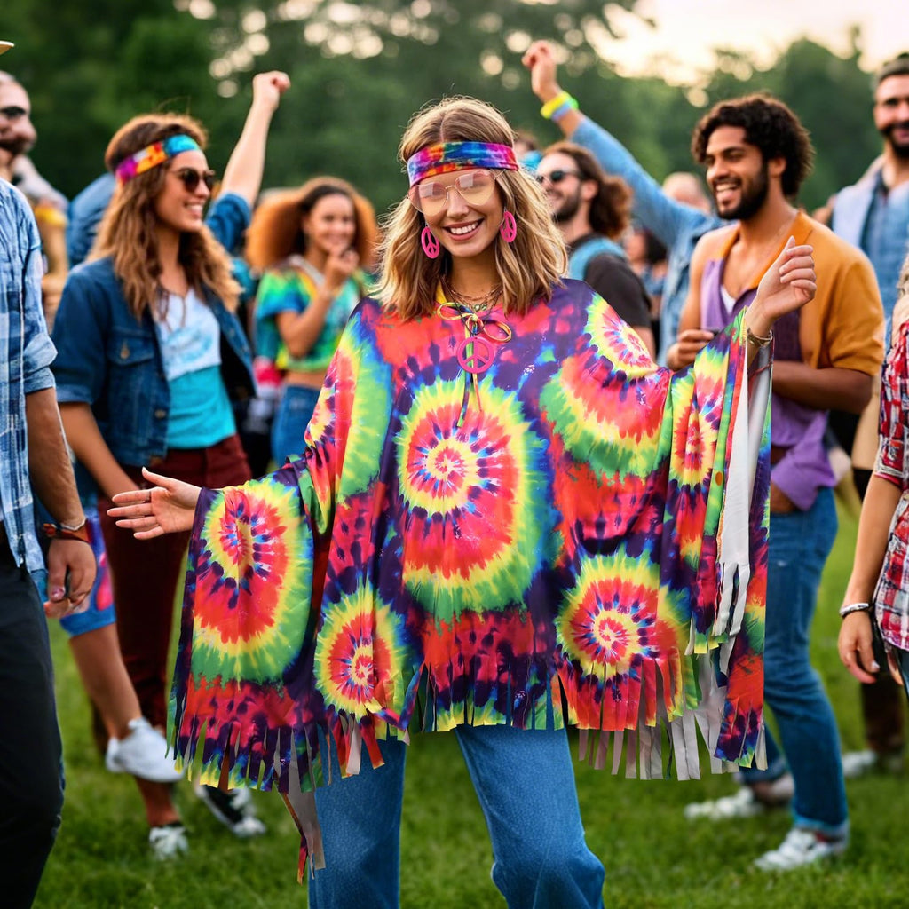 MOVINPE 70s Hippie Costume for Women Accessories Set, Tie Dye Poncho Fringe Bags Flower Crowns Headbands Sunglasses Peace Sign Necklace Earrings 60s Costume Halloween Retro Outfit